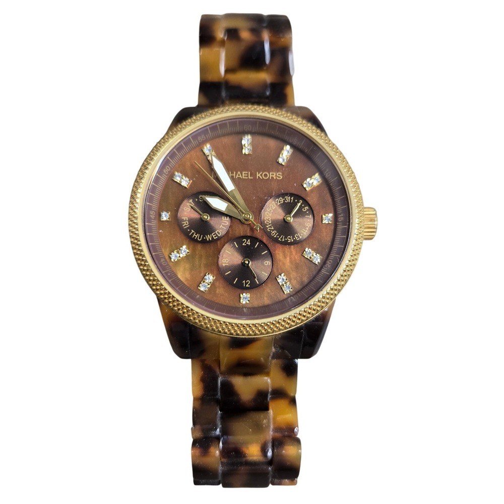 Michael Kors MK-5038 Ritz Watch Womens S6 Brown Tortoise Gold Crystal Tested